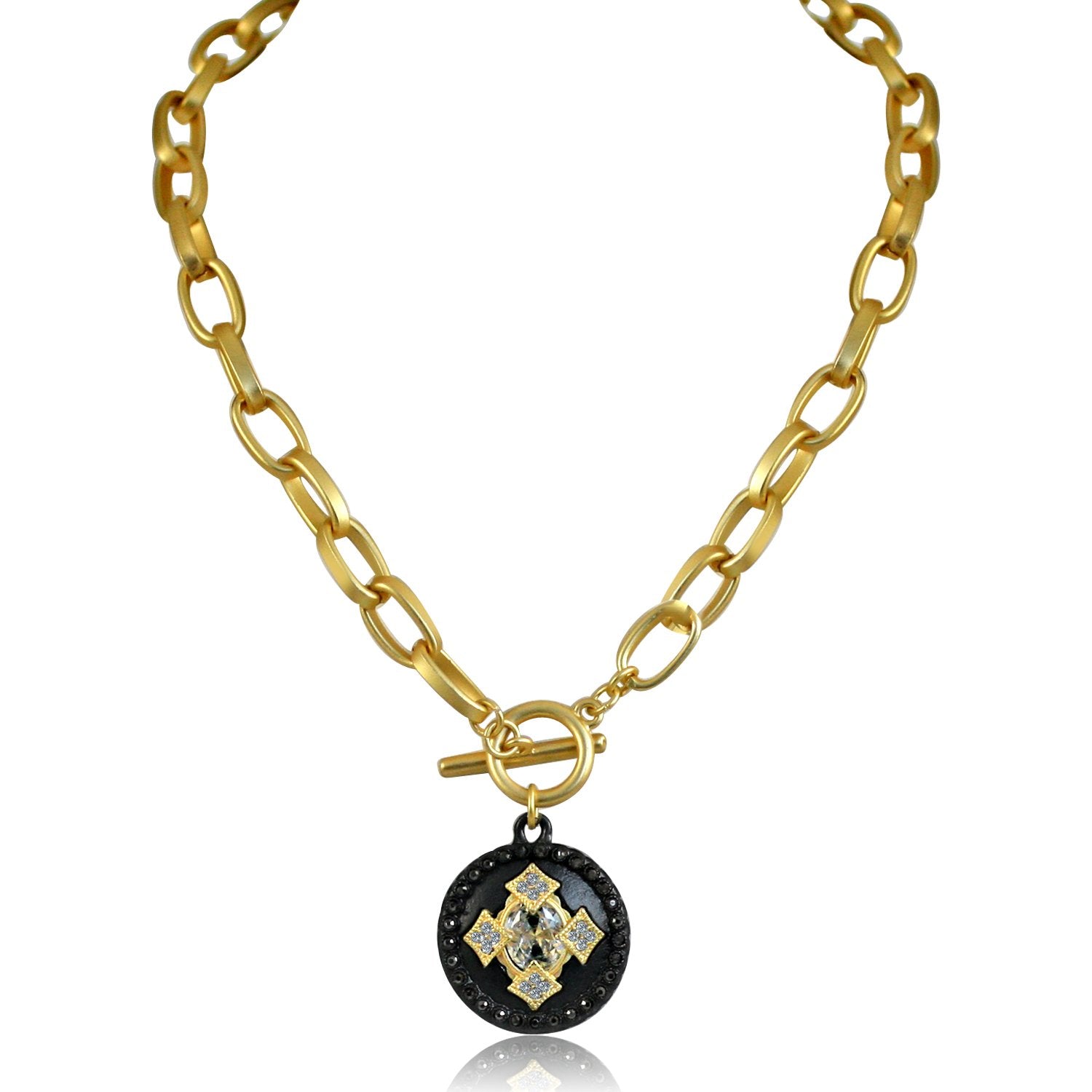 Round Black and Gold Pendant Paved with Black Diamond and Cubic Zirconia w/ Big Center Stone Elongated Chain Link Toggle Clasp 689N648