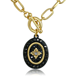 Black and Gold Oval Pendant Paved with Black Diamond Flower Design in the Center Elongated Chain Link Toggle Clasp