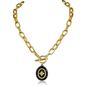 Black and Gold Oval Pendant Paved with Black Diamond Flower Design in the Center Elongated Chain Link Toggle Clasp 689N649