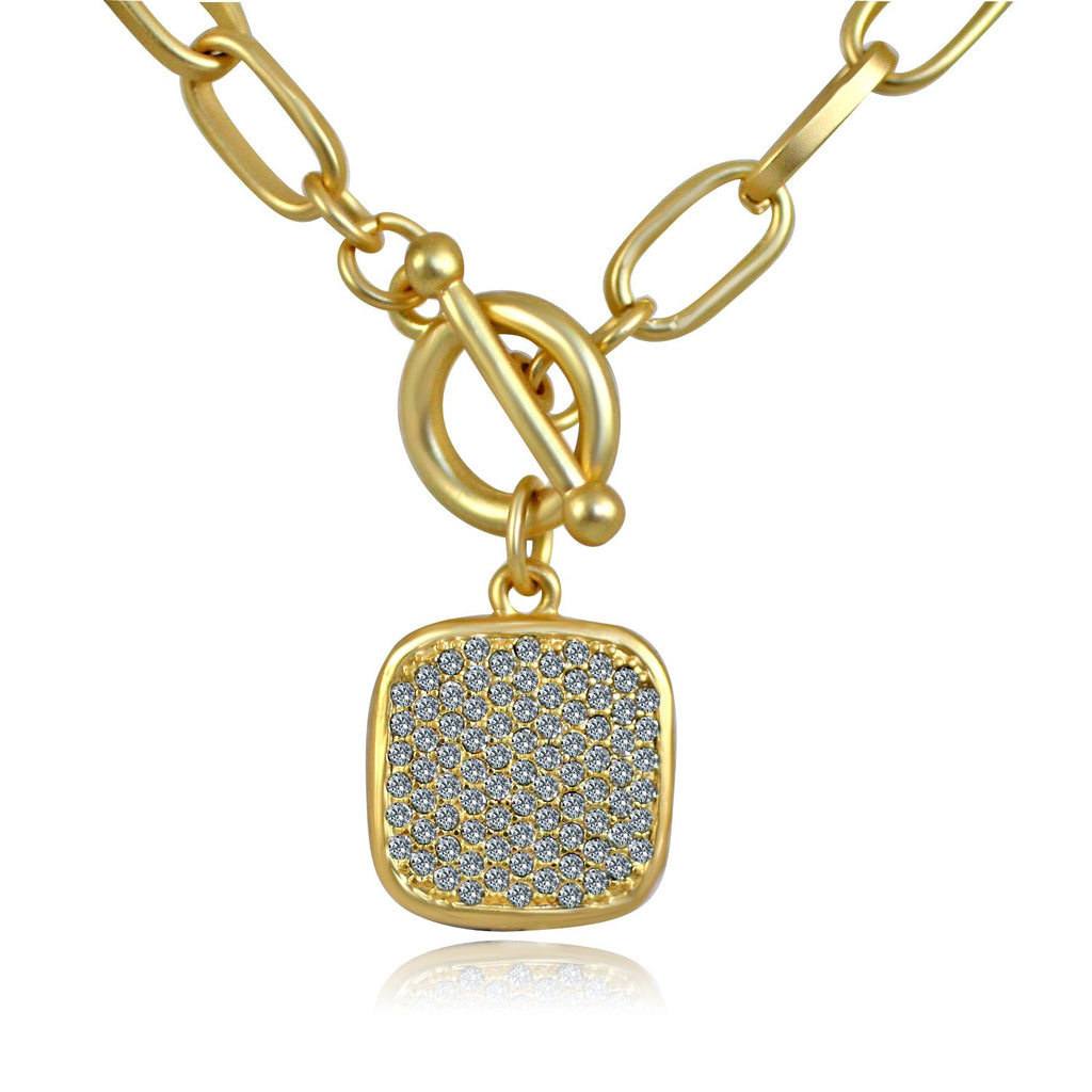 Sparkling Square Gold Pendant Paved with Cubic Zirconia Elongated Chain Link Toggle Clasp