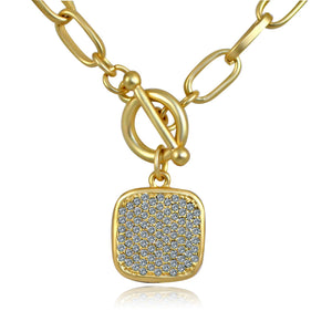 Sparkling Square Gold Pendant Paved with Cubic Zirconia Elongated Chain Link Toggle Clasp