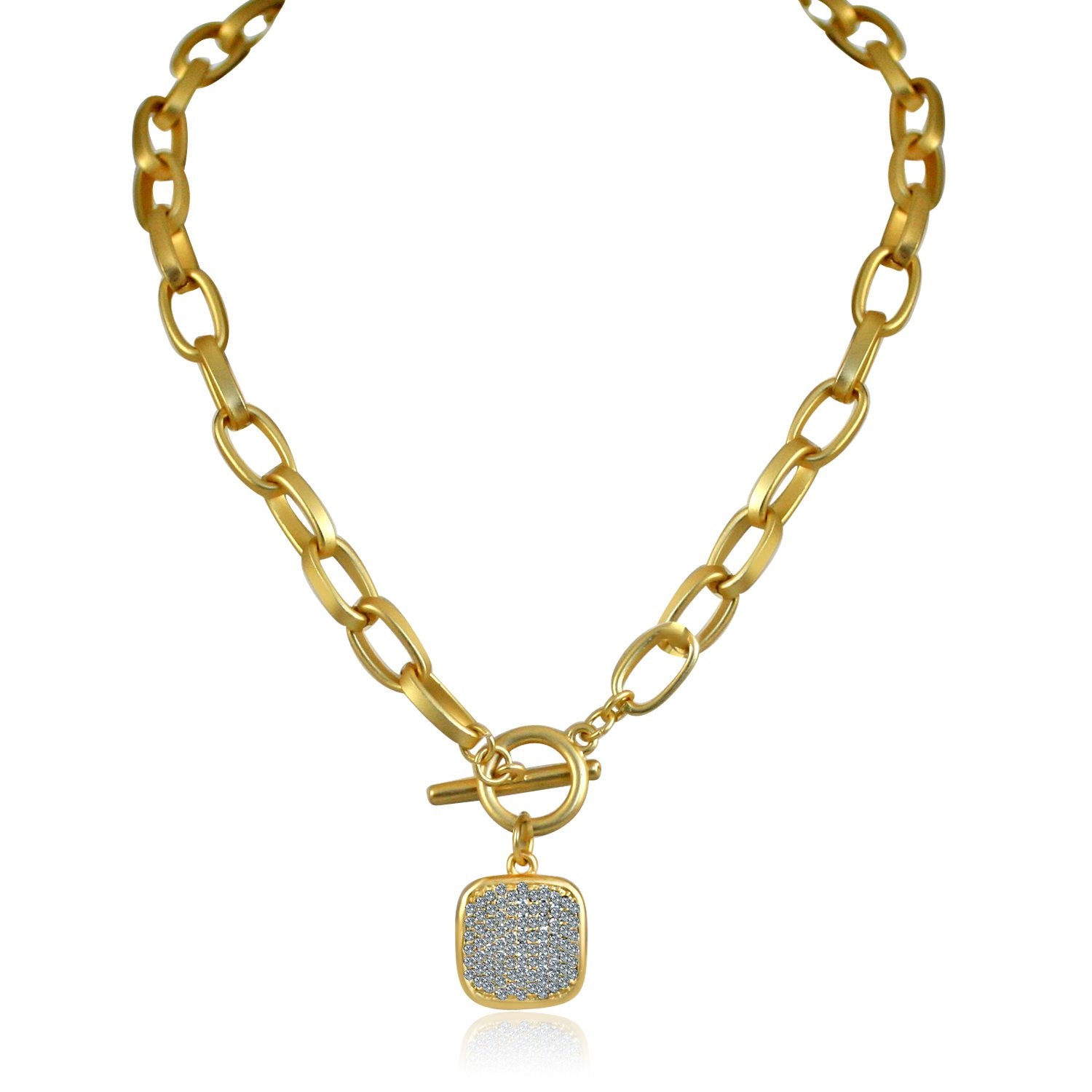 Sparkling Square Gold Pendant Paved with Cubic Zirconia Elongated Chain Link Toggle Clasp 689N791