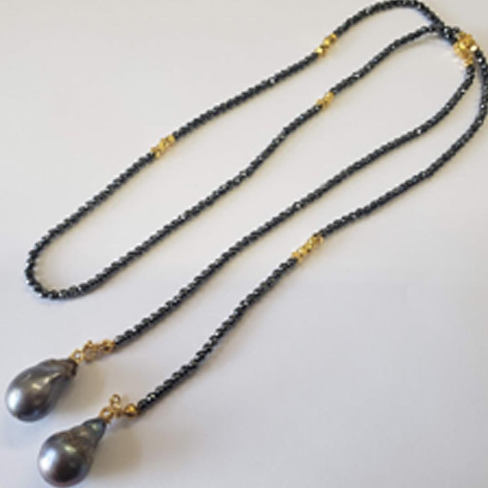 30" HEMATITE BEADS WITH GENUINE BAROQUE PEARL DROP LARIAT NECKLACE