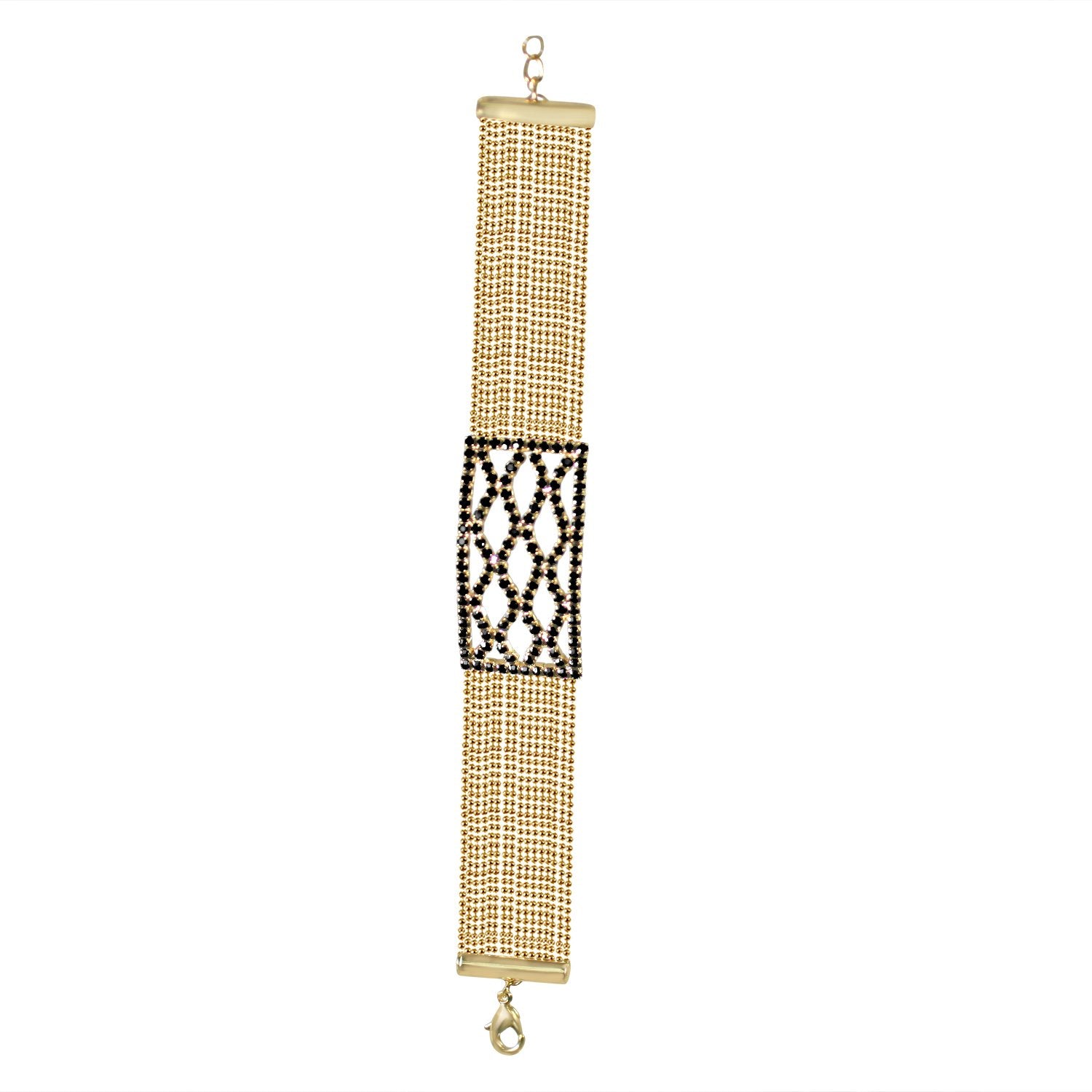 FINE BLACK DIAMOND CRYSTAL RHINESTONES CRISS-CROSS CENTER ON MULTI-BEADS LINK CHAIN STRANDS BRACELET. 700B719