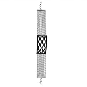 FINE BLACK DIAMOND CRYSTAL RHINESTONES CRISS-CROSS CENTER ON MULTI-BEADS LINK CHAIN STRANDS BRACELET. 700B719