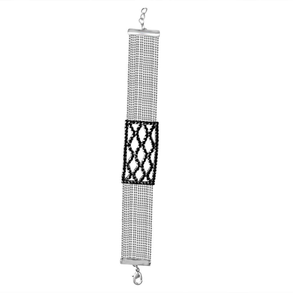 FINE BLACK DIAMOND CRYSTAL RHINESTONES CRISS-CROSS CENTER ON MULTI-BEADS LINK CHAIN STRANDS BRACELET. 700B719