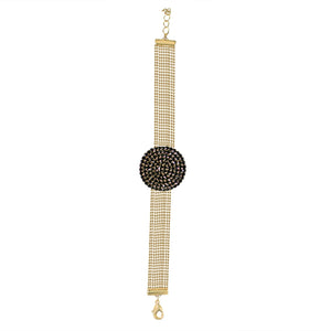 FINE BLACK DIAMOND CRYSTAL RHINESTONES PAVE ROUND CENTER ON MULTI-BEADS LINK CHAIN STRANDS BRACELET 700B720