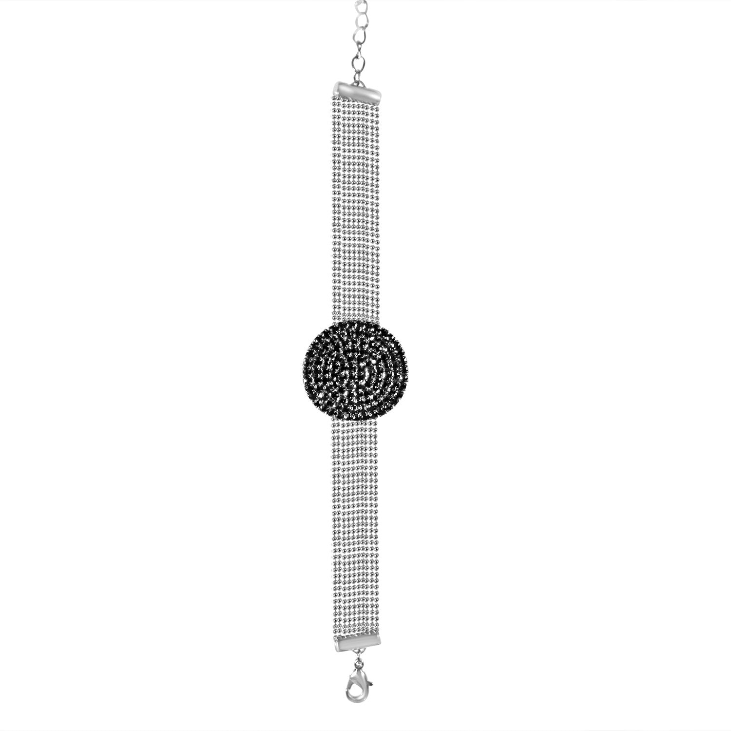 FINE BLACK DIAMOND CRYSTAL RHINESTONES PAVE ROUND CENTER ON MULTI-BEADS LINK CHAIN STRANDS BRACELET 700B720