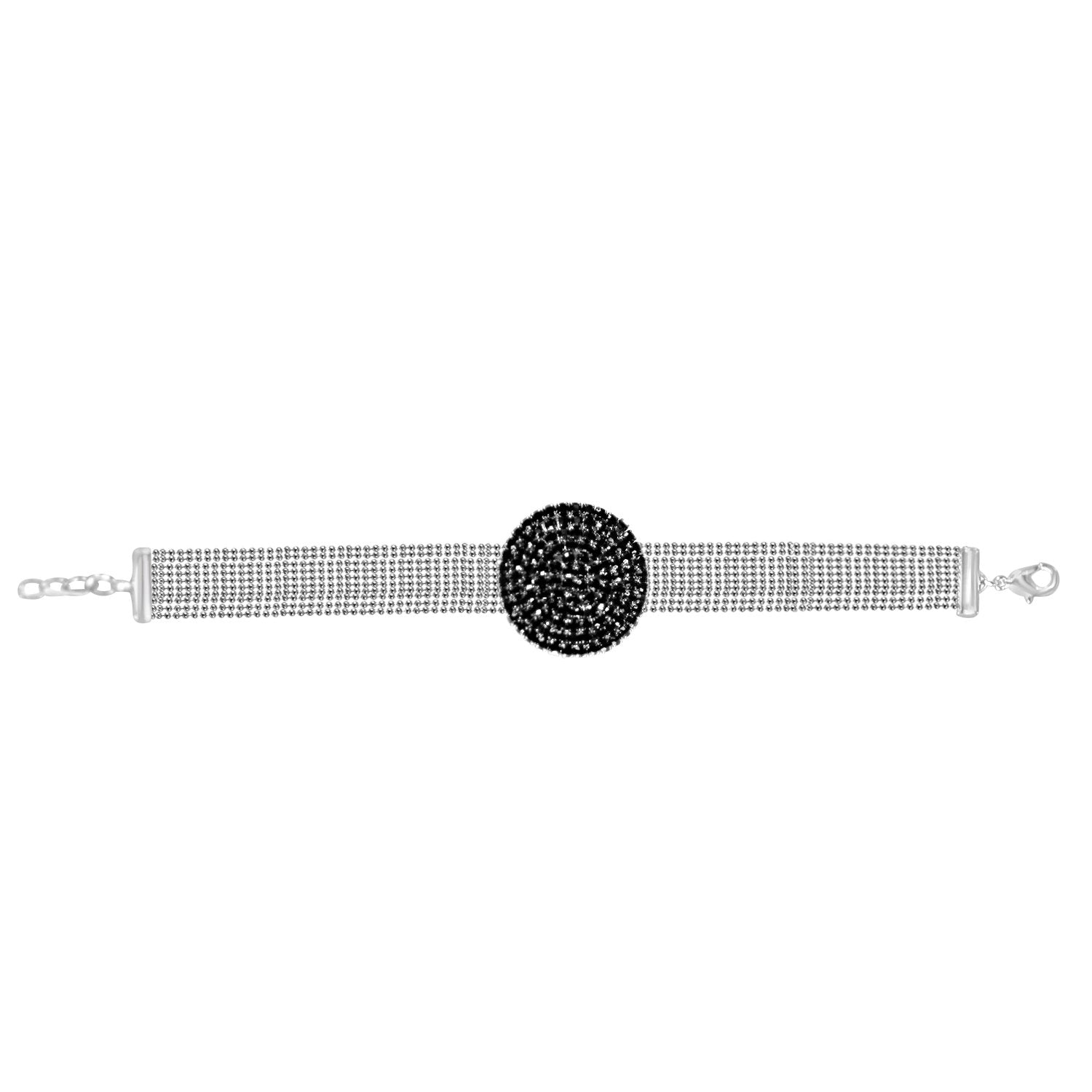 FINE BLACK DIAMOND CRYSTAL RHINESTONES PAVE ROUND CENTER ON MULTI-BEADS LINK CHAIN STRANDS BRACELET 700B720