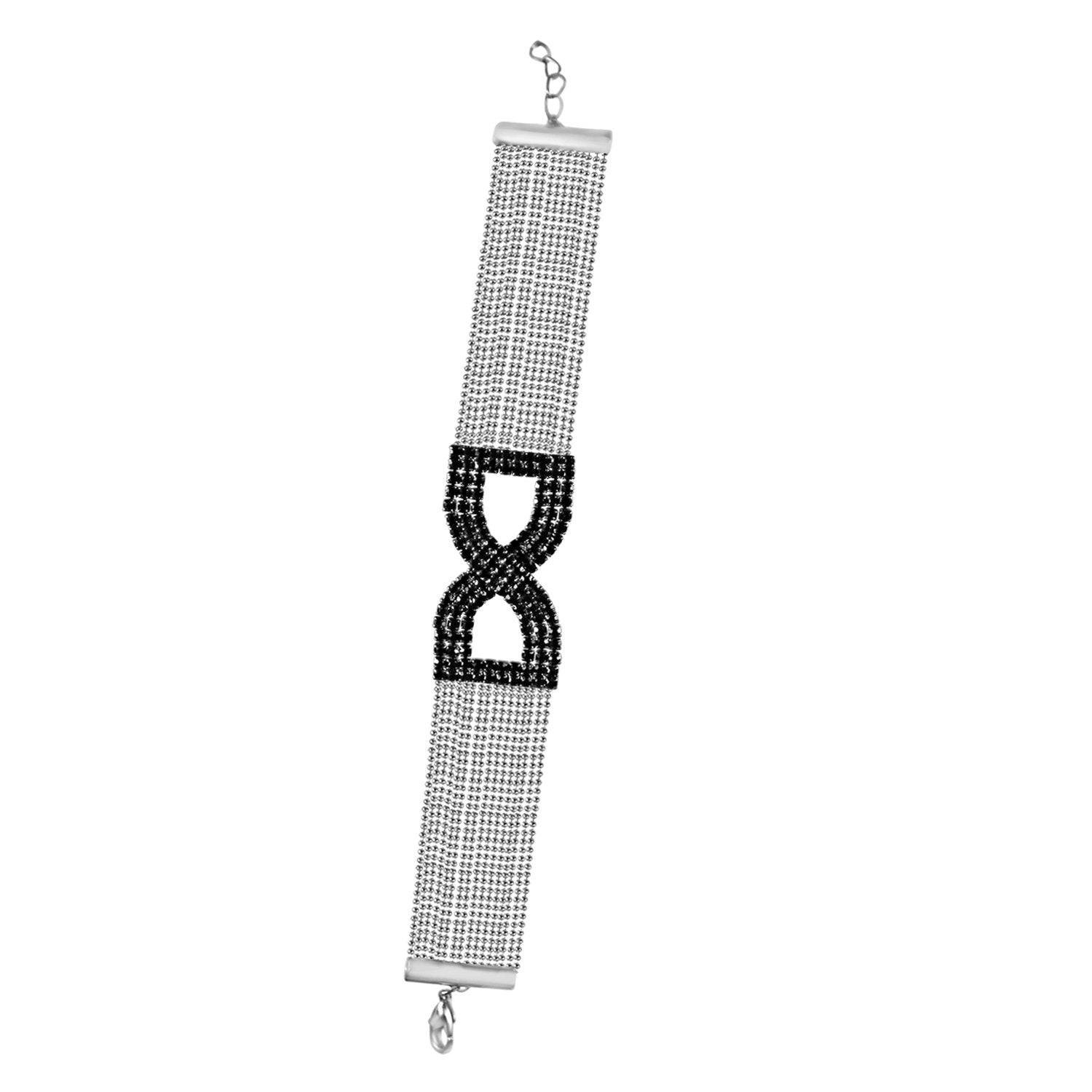 FINE BLACK DIAMOND CRYSTAL RHINESTONES PAVE BOW  CENTER ON MULTI-BEADS LINK CHAIN STRANDS BRACELET 700B-721