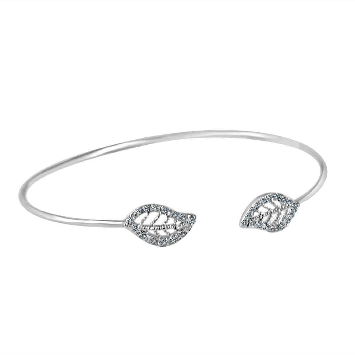 The zirconmania Fine Open End Pave Leaf Bangle set (702B1202) features two leaf-shaped ends adorned with sparkling zirconite cubic zirconia.