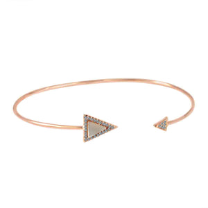 The zirconmania Fine Open End Mop Bangle set (702B1205) features an elegant rose gold design with two triangle-shaped ends, each adorned with sparkling Zirconite Cubic Zirconia gemstones.