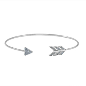 The zirconmania Bracelet Fine Open End Pave Bangle 702B1209 is a minimalist silver bangle with arrowhead and fletching ends, both accented with sparkling cubic zirconia.