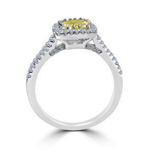 The zirconmania Ring 1CT Cushion Radiant Center w/Halo features a yellow center stone, haloed and banded with pave CZ stones in sterling silver for extra sparkle.