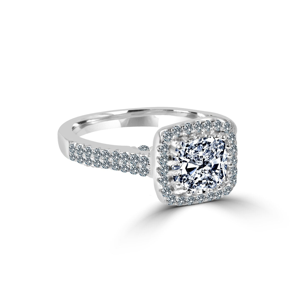 The zirconmania Ring 1CT Cushion Radiant Center w/Halo features a rectangular cushion-cut CZ in a halo setting with pave CZ accents on the sterling silver band for extra sparkle.