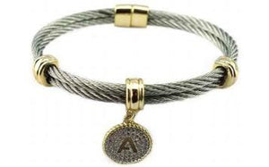 Two Tone Stainless Steel Cable Initial Charm Bracelet/Bangle. 500B