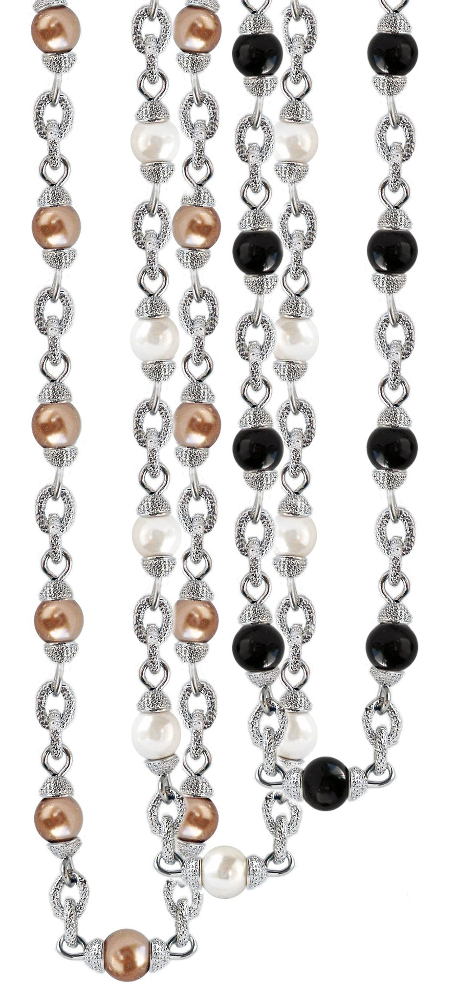 Satin textured 48" long Glass Pearls designer necklace with toggle closure finished in brass base.