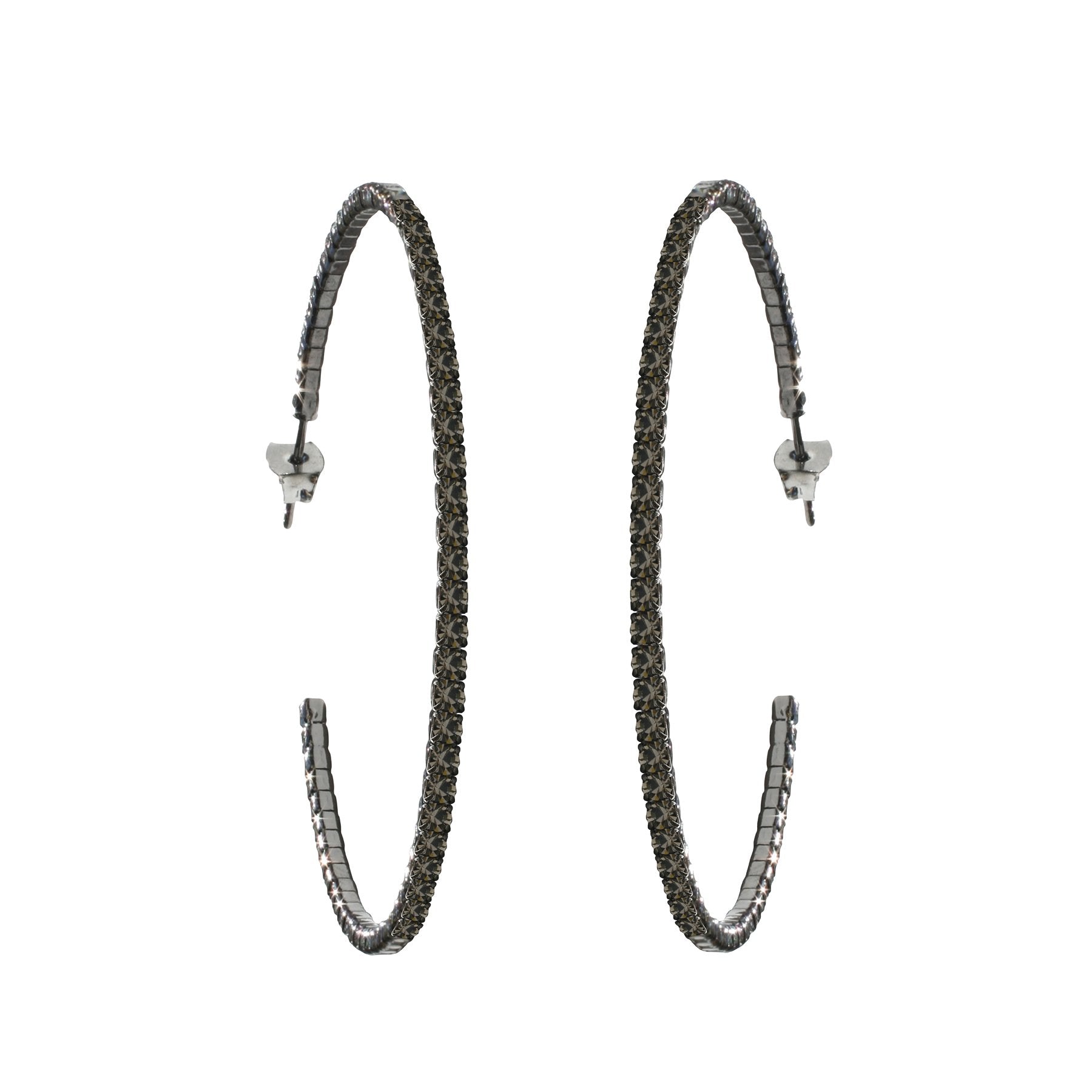 Zirconmanias Earrings 50MM HQ CRYSTALS HOOP (637E14304) are large, dark, textured hoop earrings studded with sparkling Czech crystals and metal posts for pierced ears, shown on a white background.