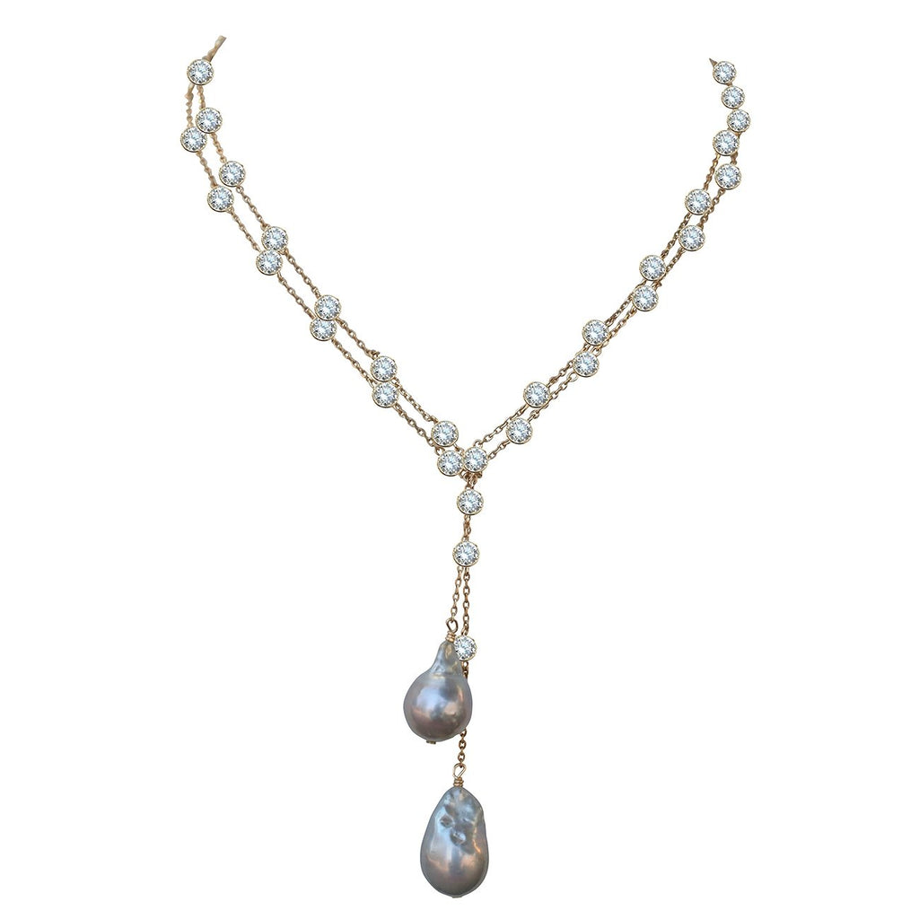 Zirconmania - Zirconite The Yard Finished with Two Extra Large Genuine Baroque Fresh Water Pearls Necklace Lariat BZBYX30P36