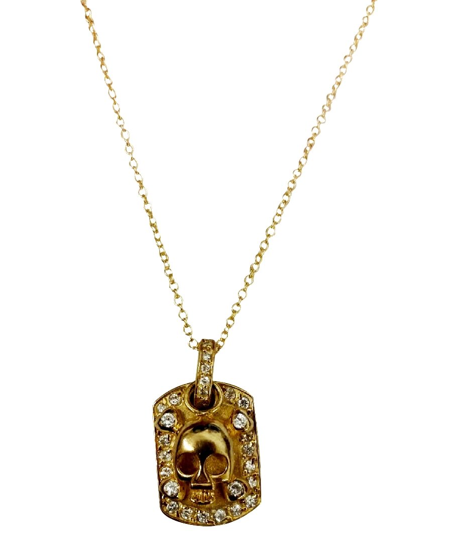 dog tag with bordered CZ pave featuring n electroplated pave skull head charm S/S  582P2628