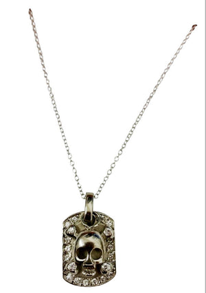 dog tag with bordered CZ pave featuring n electroplated pave skull head charm S/S  582P2628