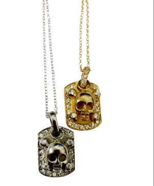 dog tag with bordered CZ pave featuring n electroplated pave skull head charm S/S  582P2628