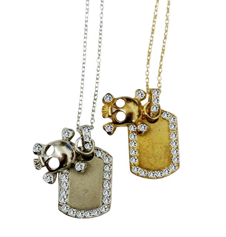 dog tag with bordered CZ pave featuring n electroplated pave skull head charm S/S  582P2628