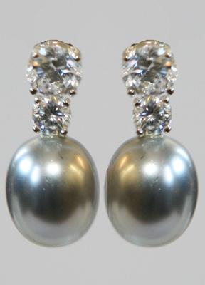 Silver Gray Oval Shell Mop Pearls Zirconite Set Earrings
