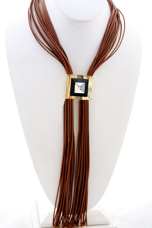 Multi 24" Leather Cord Designer Statement Necklace with a duo of centered Metal Jeweled Square Inserts 