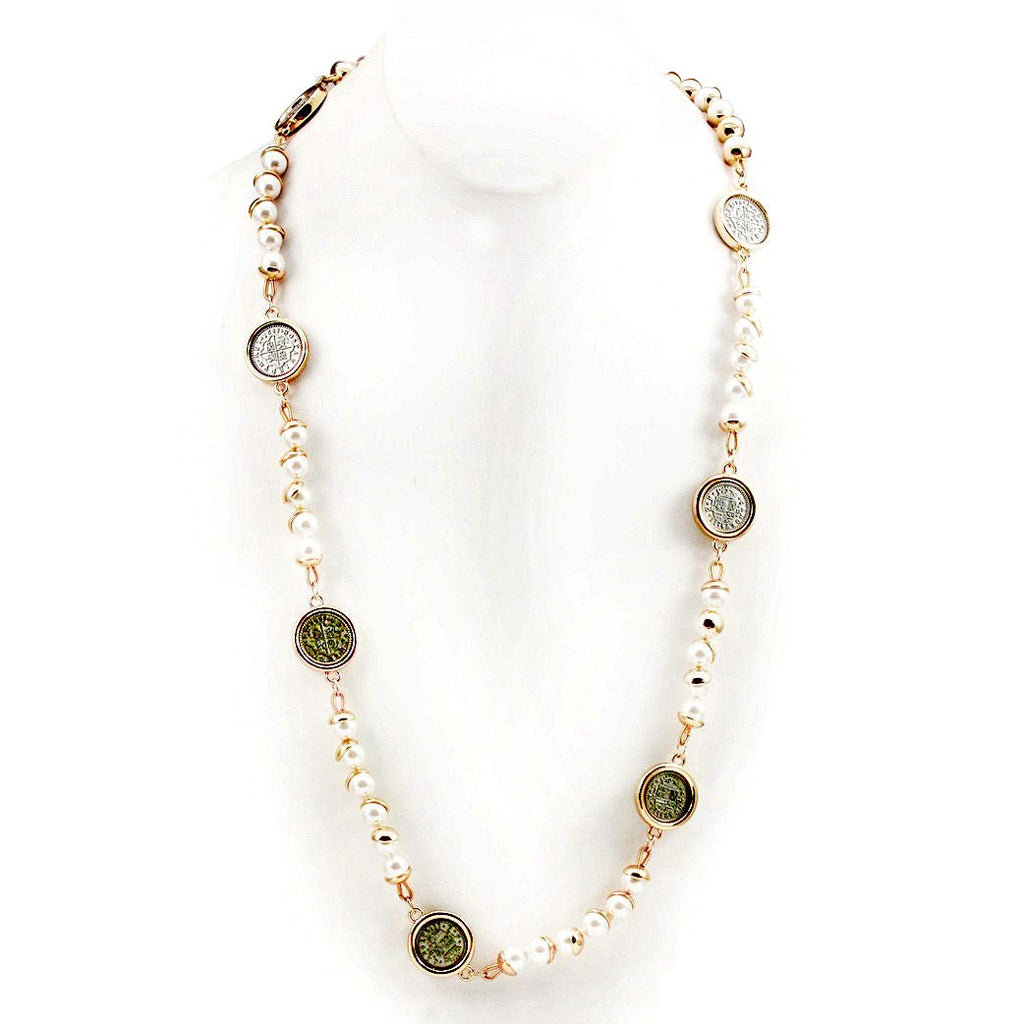 Gold Toned Pearl Necklace with Two Tone Coin Stations