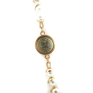 Gold Toned Pearl Necklace with Two Tone Coin Stations