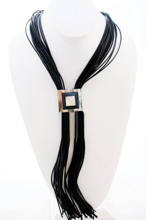 Multi 30" Leather Cord Designer Statement Necklace with a duo of centered Metal Jeweled Square Inserts 702N6215