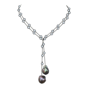 Zirconite by the Yard finished with two extra large genuine Baroque Fresh Water Pearls Necklace lariat.-Rhodium-Pink/Lavender
