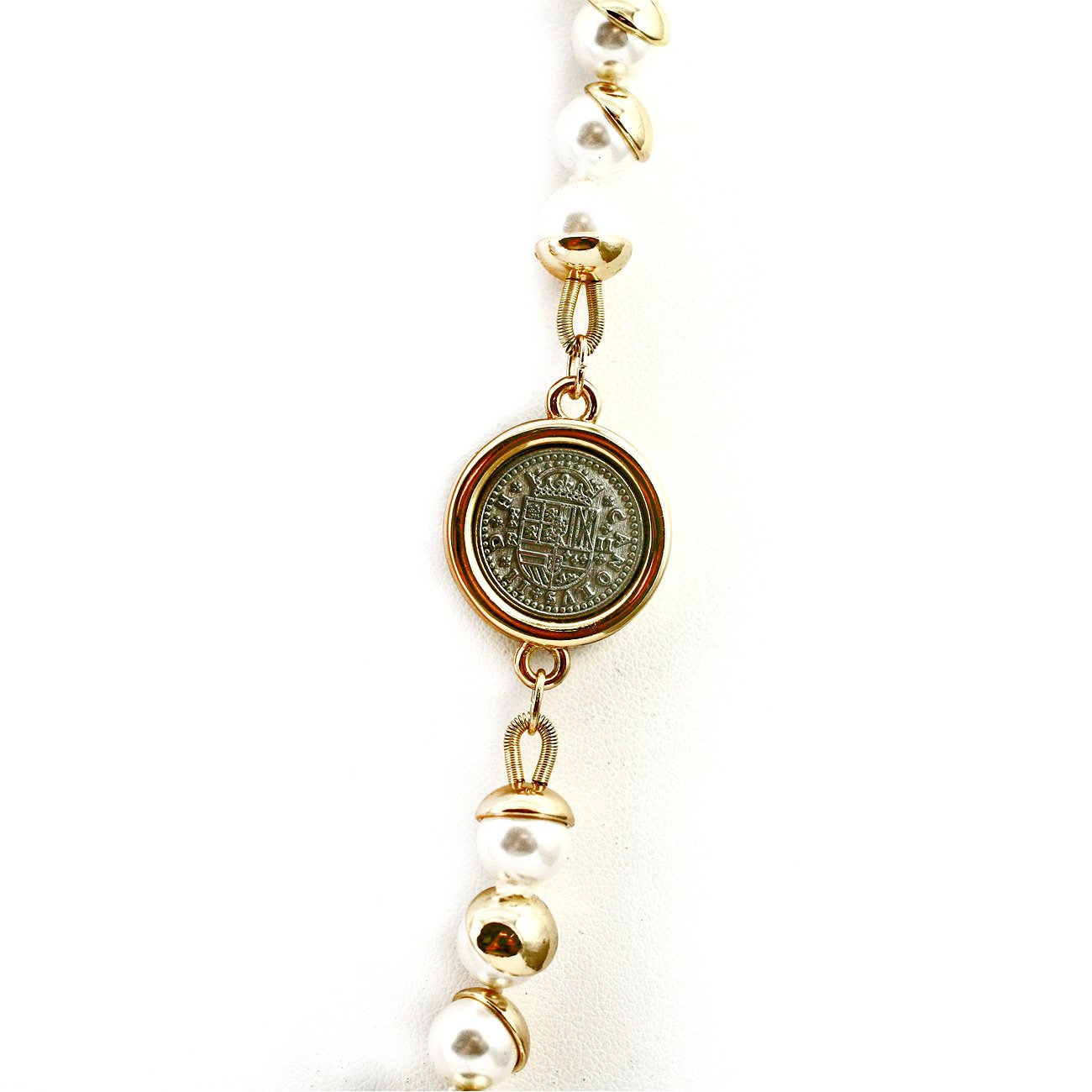 Gold Toned Pearl Necklace with Two Tone Coin Stations