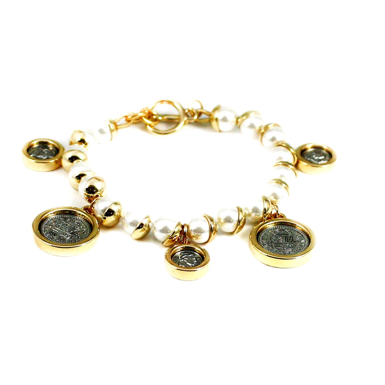 Bracelet Gold Toned Pearl with Two Tone Coin Stations 500B2805
