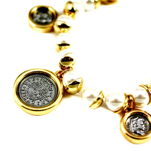 Bracelet Gold Toned Pearl with Two Tone Coin Stations 500B2805