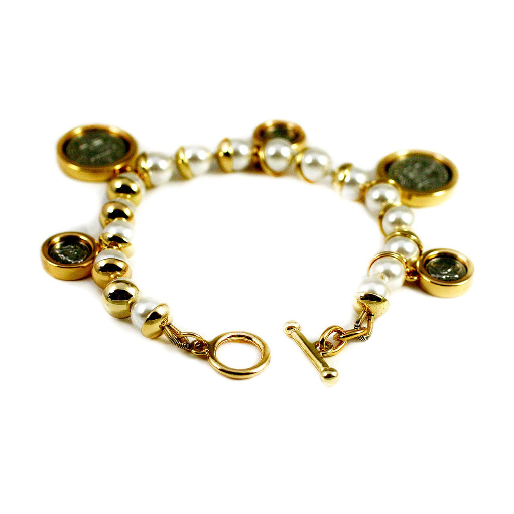 Gold Toned Pearl Bracelet with Two Tone Coin Stations