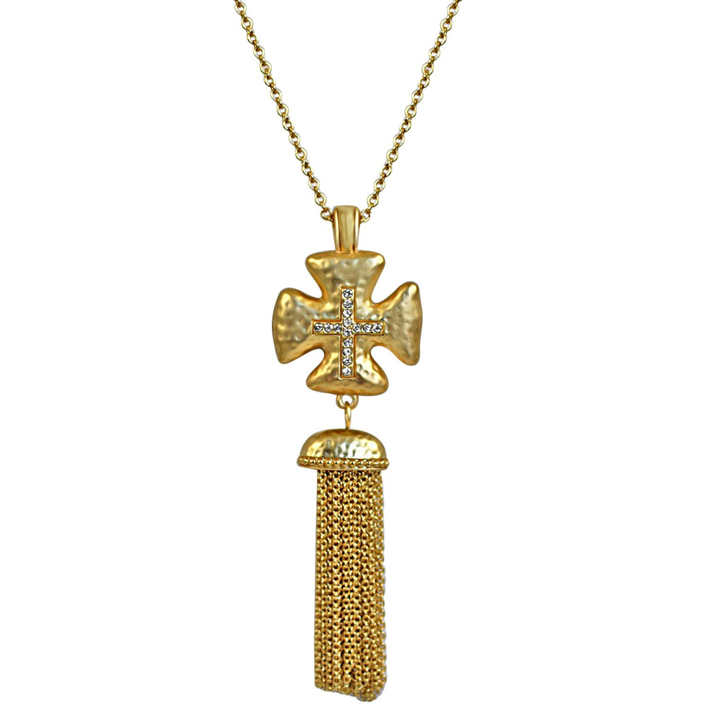 Vintage Tassel Gold Cross Pendant Necklace Micro Paved With Cubic Zirconia on an Link Chain