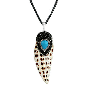 Boho with a Modern Twist Jeweled Feather Pendant with Turquise Comes with either 30" dark faceted Glass Beads 696N3591