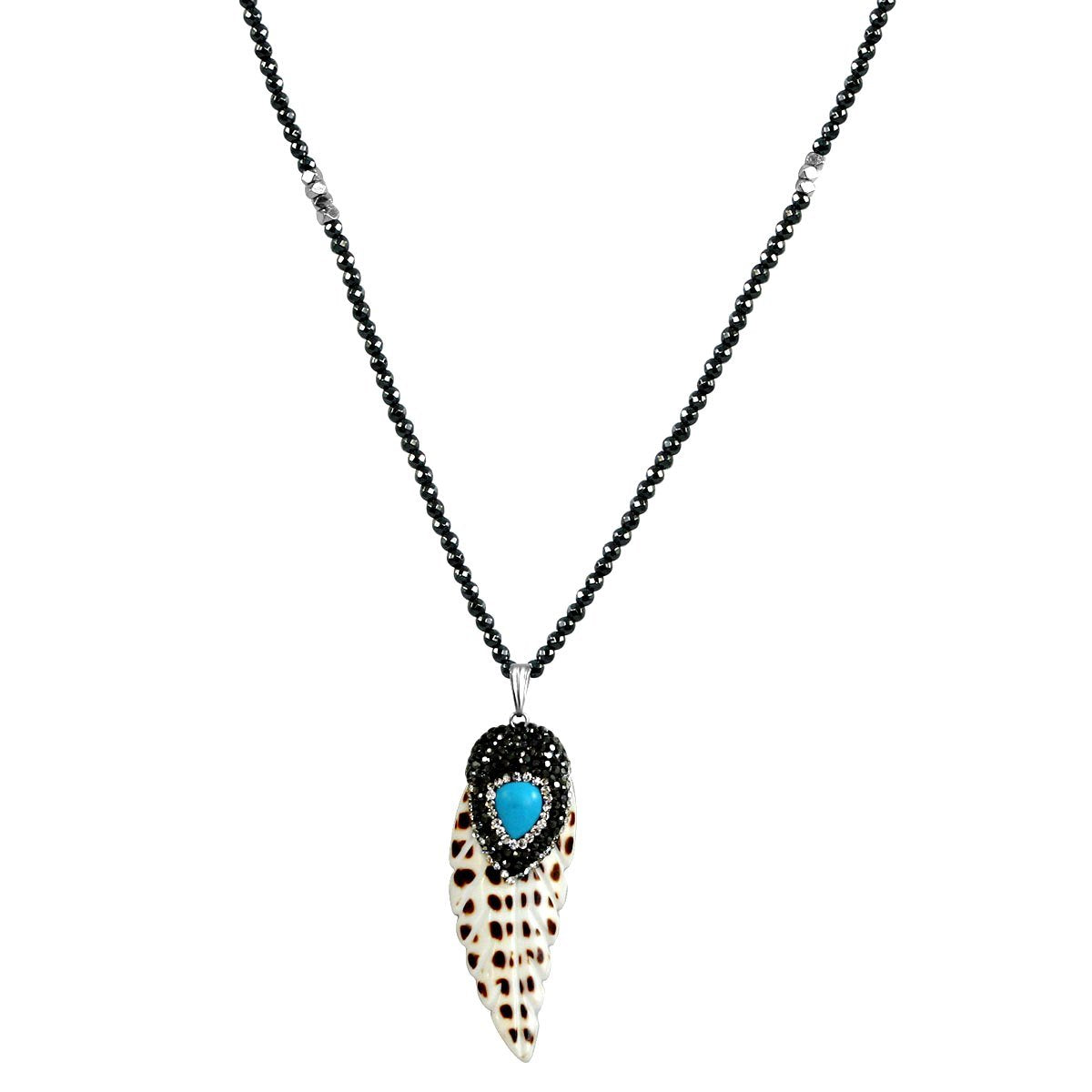 Boho with a Modern Twist Jeweled Feather Pendant with Turquise Comes with 30" dark Faceted Hematite Beads 696N3591