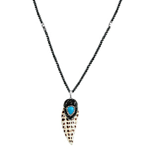 Boho with a Modern Twist Jeweled Feather Pendant with Turquise Comes with 30" dark Faceted Hematite Beads 696N3591