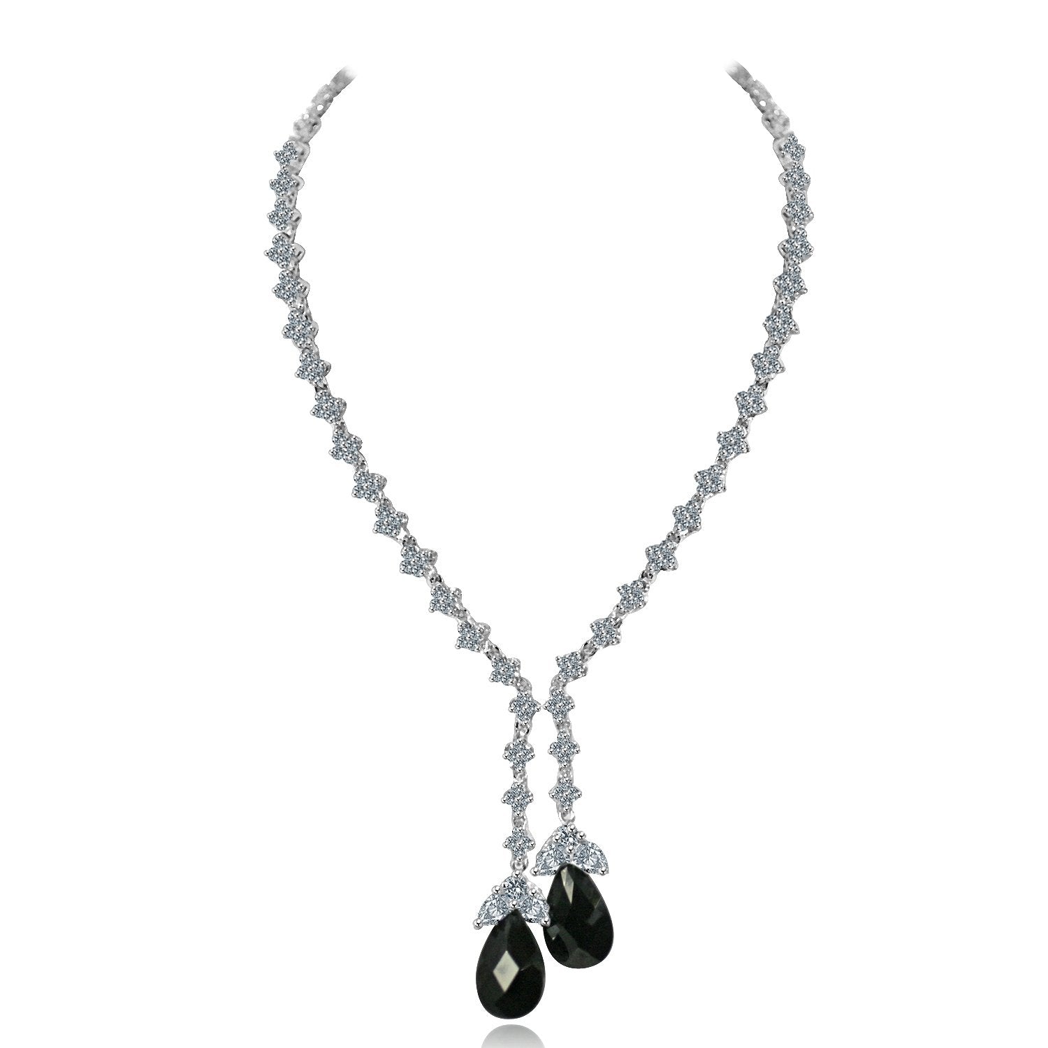 ZIRCONITE CUBIC ZIRCONIA TASSEL W/LARGE CHECK-A-BOARD CUT PEAR BRIOLETTES NECKLACE. 628N80024