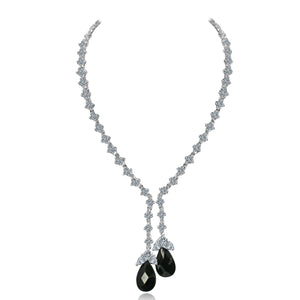 Zirconite Cubic zirconia Tassel w/large check-a-board cut pear briolettes Necklace. 628N80024BK/BK