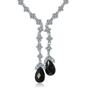 ZIRCONITE CUBIC ZIRCONIA TASSEL W/LARGE CHECK-A-BOARD CUT PEAR BRIOLETTES NECKLACE. 628N80024