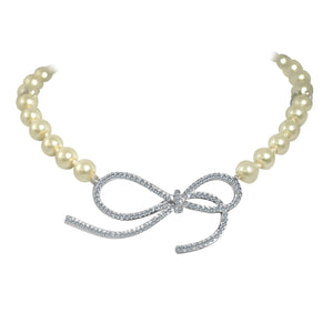 Necklace Glass pearls Cubic zirconia with Infinity Bow- 702N10P