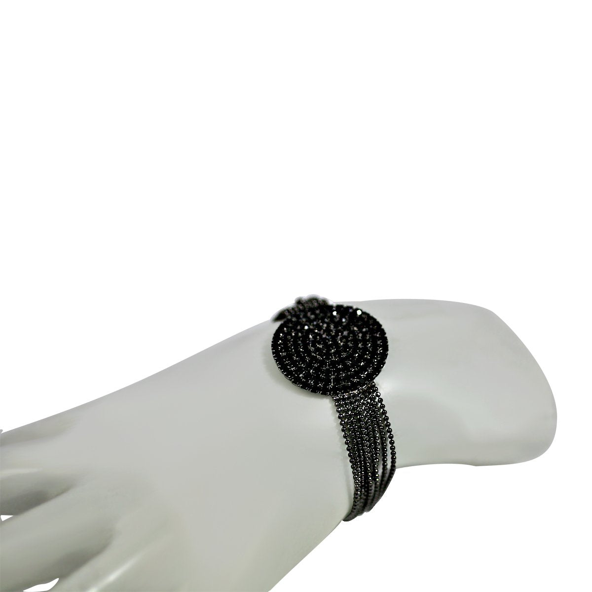 FINE BLACK DIAMOND CRYSTAL RHINESTONES PAVE ROUND CENTER ON MULTI-BEADS LINK CHAIN STRANDS BRACELET 700B720