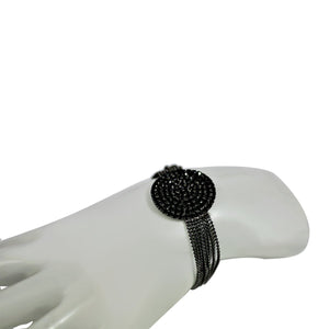 FINE BLACK DIAMOND CRYSTAL RHINESTONES PAVE ROUND CENTER ON MULTI-BEADS LINK CHAIN STRANDS BRACELET 700B720