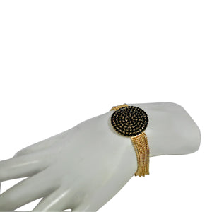 FINE BLACK DIAMOND CRYSTAL RHINESTONES PAVE ROUND CENTER ON MULTI-BEADS LINK CHAIN STRANDS BRACELET 700B720