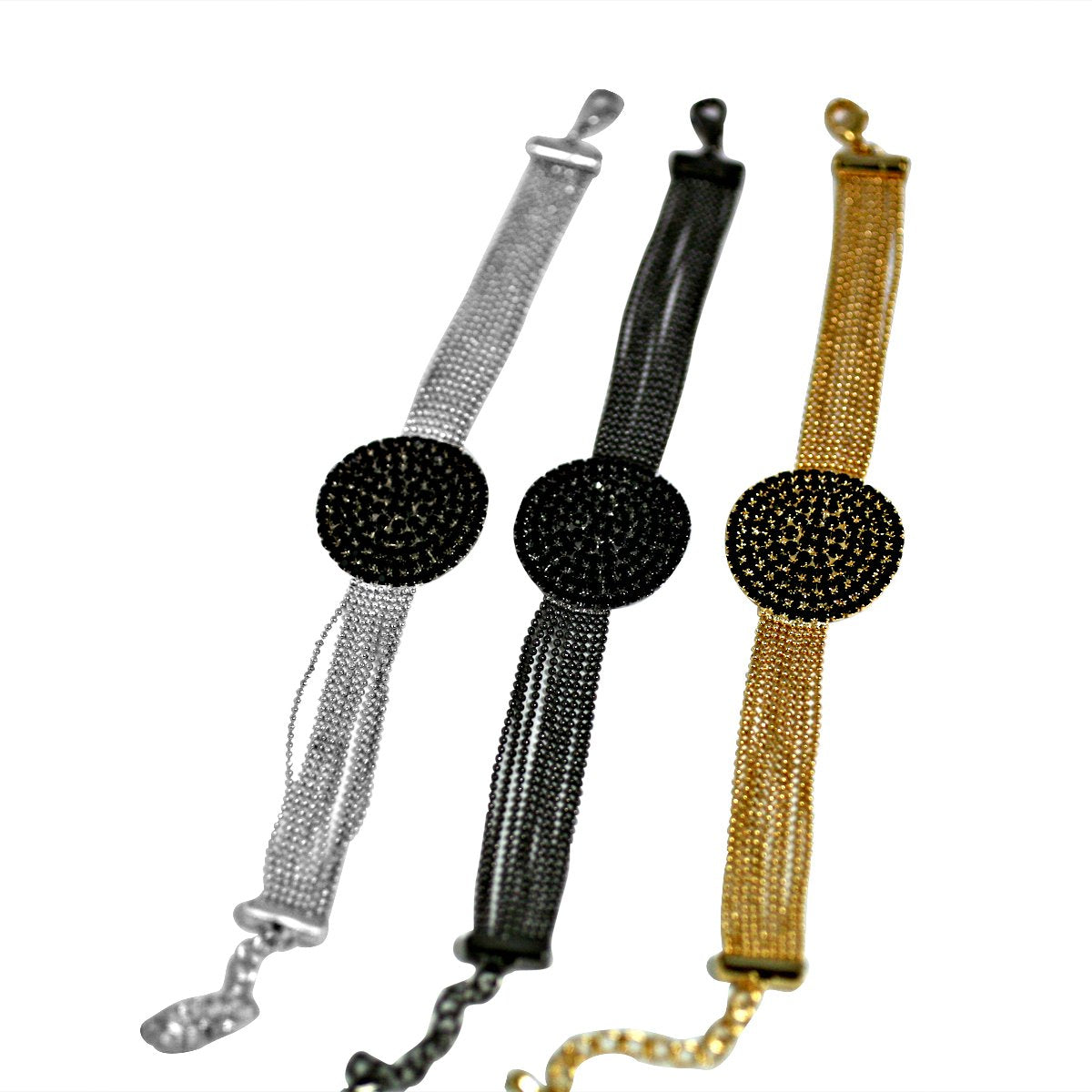FINE BLACK DIAMOND CRYSTAL RHINESTONES PAVE ROUND CENTER ON MULTI-BEADS LINK CHAIN STRANDS BRACELET 700B720