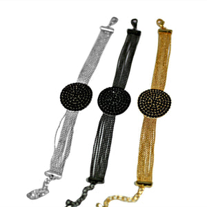 FINE BLACK DIAMOND CRYSTAL RHINESTONES PAVE ROUND CENTER ON MULTI-BEADS LINK CHAIN STRANDS BRACELET 700B720